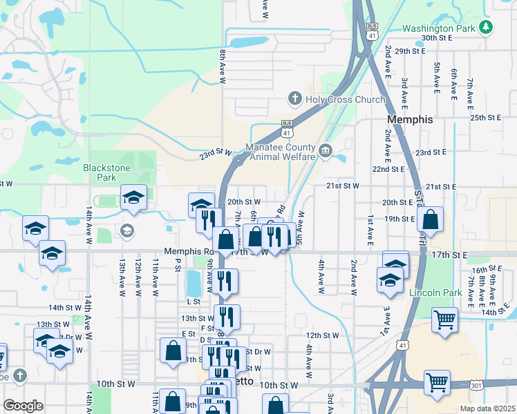 map of restaurants, bars, coffee shops, grocery stores, and more near 1908 6th Avenue West in Palmetto
