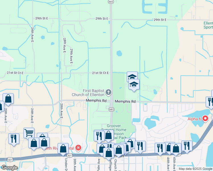 map of restaurants, bars, coffee shops, grocery stores, and more near 1907 36th Avenue East in Palmetto