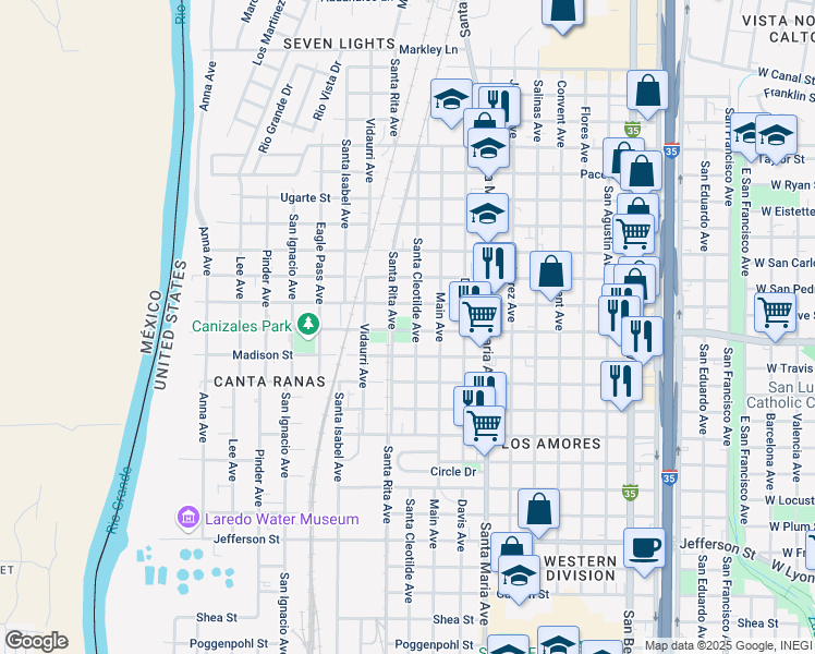 map of restaurants, bars, coffee shops, grocery stores, and more near 1808 Lafayette Street in Laredo