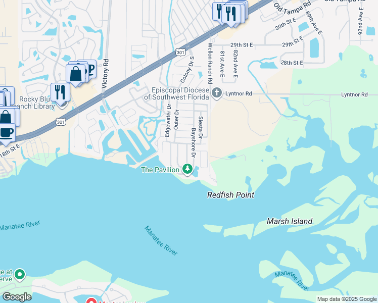 map of restaurants, bars, coffee shops, grocery stores, and more near 760 Harbor Circle in Ellenton