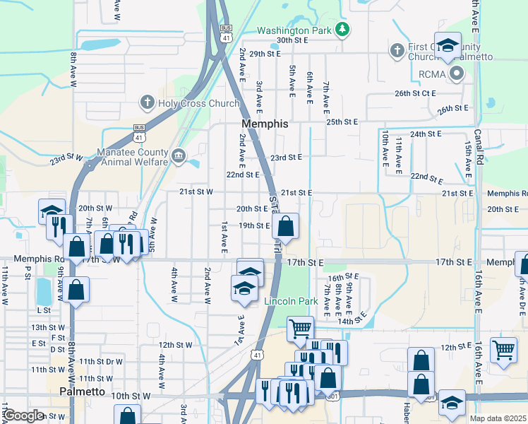 map of restaurants, bars, coffee shops, grocery stores, and more near 1918 3rd Avenue East in Palmetto