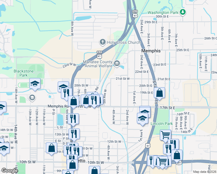 map of restaurants, bars, coffee shops, grocery stores, and more near 1909 4th Avenue West in Palmetto
