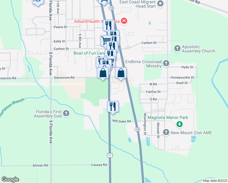 map of restaurants, bars, coffee shops, grocery stores, and more near 1133 U.S. 17 in Wauchula