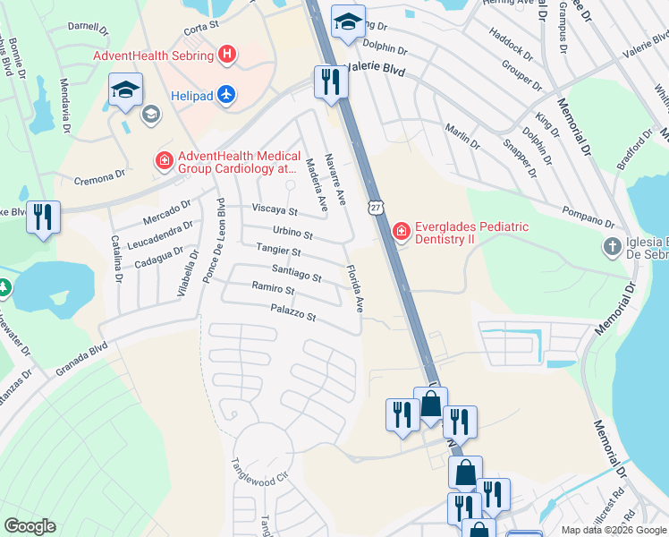map of restaurants, bars, coffee shops, grocery stores, and more near 3803 Tangier Street in Sebring
