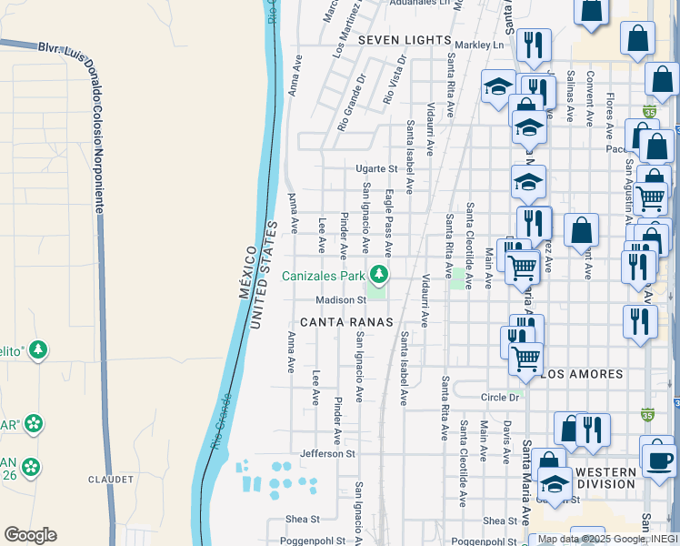 map of restaurants, bars, coffee shops, grocery stores, and more near 2402 Lafayette Street in Laredo