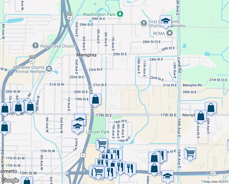 map of restaurants, bars, coffee shops, grocery stores, and more near 719 20th Lane East in Palmetto