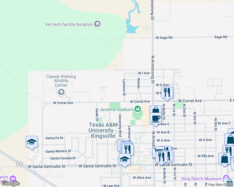 map of restaurants, bars, coffee shops, grocery stores, and more near 17-32 Lantana Street in Kingsville