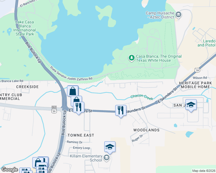 map of restaurants, bars, coffee shops, grocery stores, and more near 9285 Rock Creek Circle in Laredo