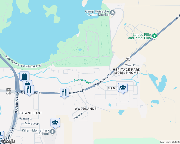 map of restaurants, bars, coffee shops, grocery stores, and more near 5714 Montevista Drive in Laredo