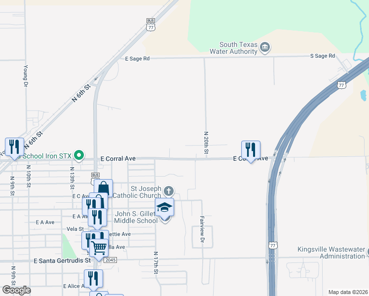 map of restaurants, bars, coffee shops, grocery stores, and more near 1406 East Corral Avenue in Kingsville