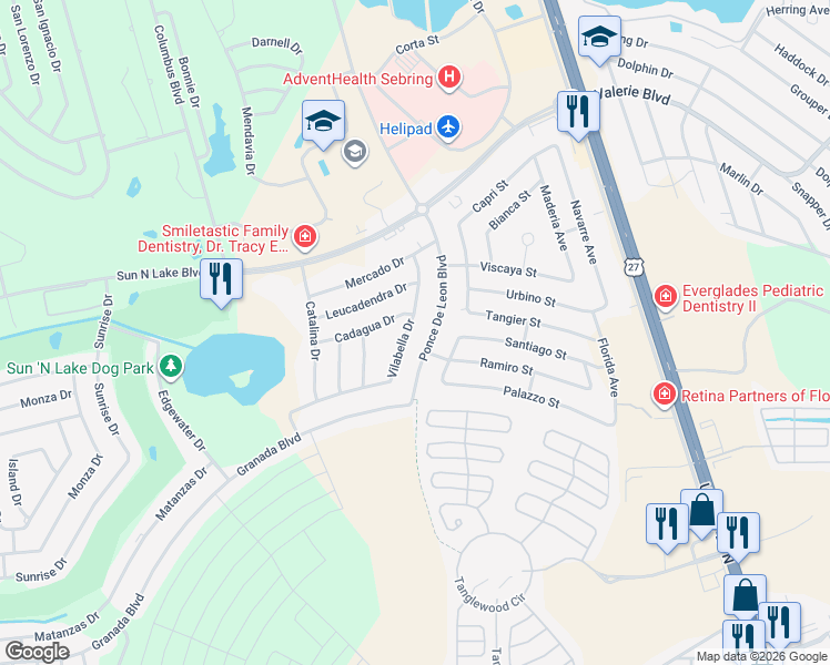 map of restaurants, bars, coffee shops, grocery stores, and more near 3924 Vilabella Drive in Sebring