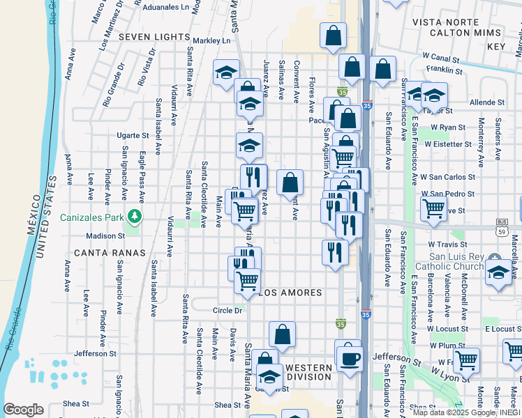 map of restaurants, bars, coffee shops, grocery stores, and more near in Laredo