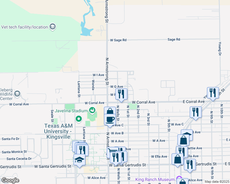 map of restaurants, bars, coffee shops, grocery stores, and more near 404 North Wells Street in Kingsville