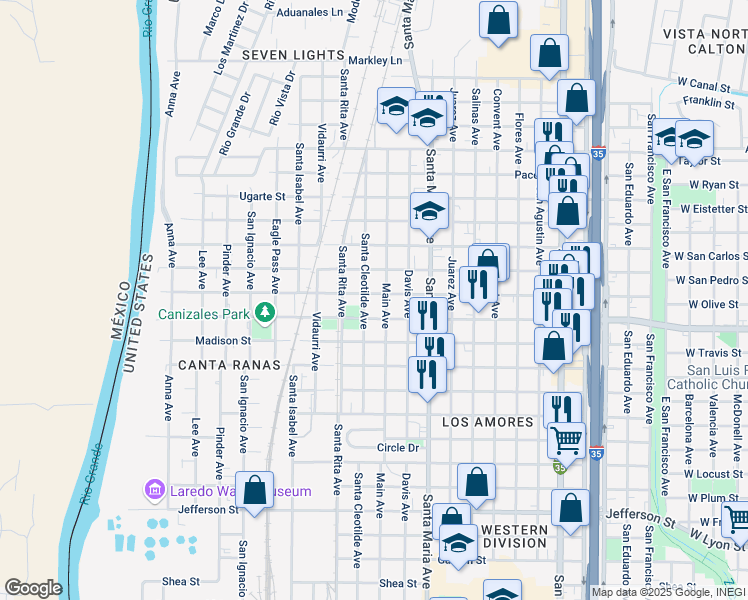 map of restaurants, bars, coffee shops, grocery stores, and more near 1808 Lafayette Street in Laredo