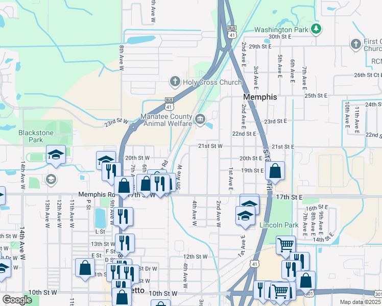 map of restaurants, bars, coffee shops, grocery stores, and more near 2006 4th Avenue West in Palmetto