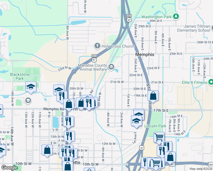 map of restaurants, bars, coffee shops, grocery stores, and more near 1909 4th Avenue West in Palmetto