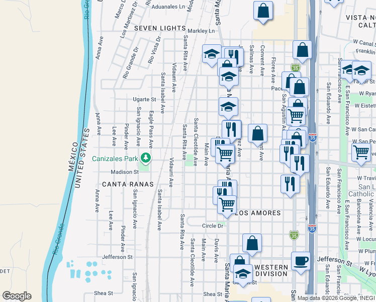 map of restaurants, bars, coffee shops, grocery stores, and more near 1808 Lafayette Street in Laredo