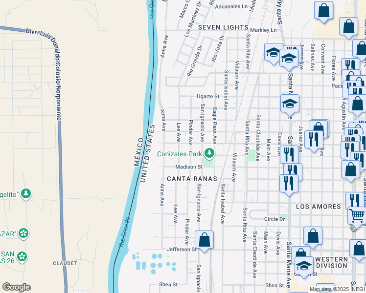 map of restaurants, bars, coffee shops, grocery stores, and more near 2402 Lafayette Street in Laredo