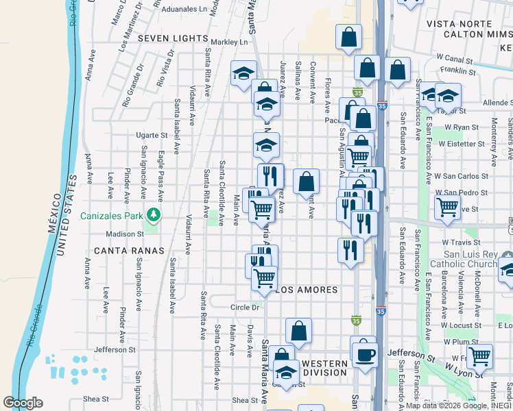 map of restaurants, bars, coffee shops, grocery stores, and more near in Laredo