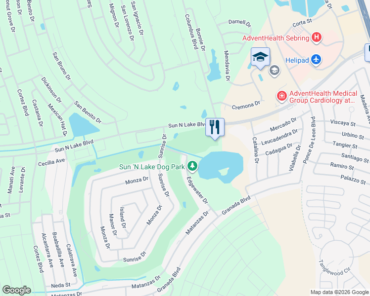 map of restaurants, bars, coffee shops, grocery stores, and more near 3950 Edgewater Drive in Sebring