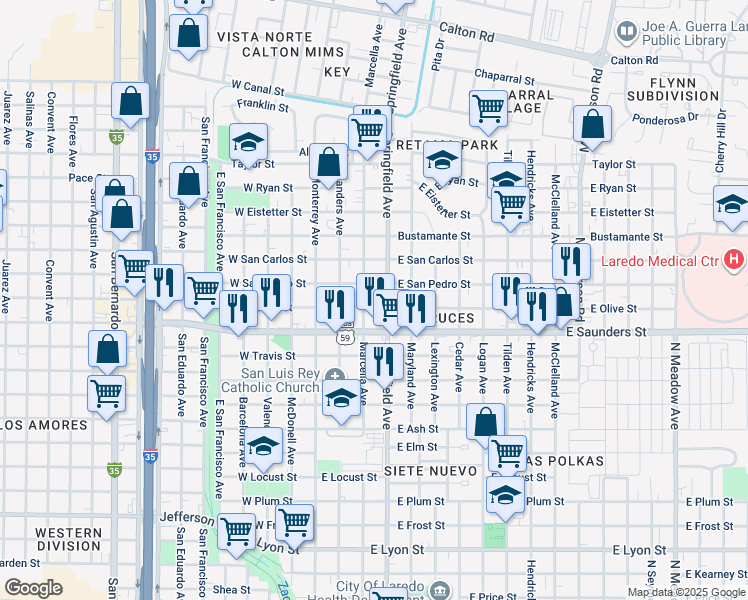 map of restaurants, bars, coffee shops, grocery stores, and more near 306 East San Pedro Street in Laredo