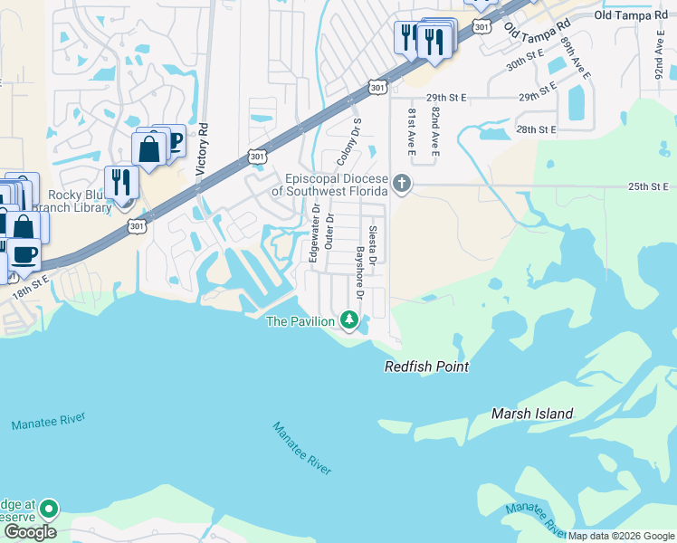 map of restaurants, bars, coffee shops, grocery stores, and more near 495 Flamingo Lane in Ellenton