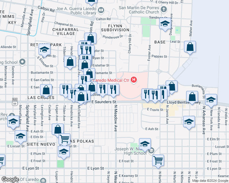 map of restaurants, bars, coffee shops, grocery stores, and more near 3910 North Meadow Avenue in Laredo