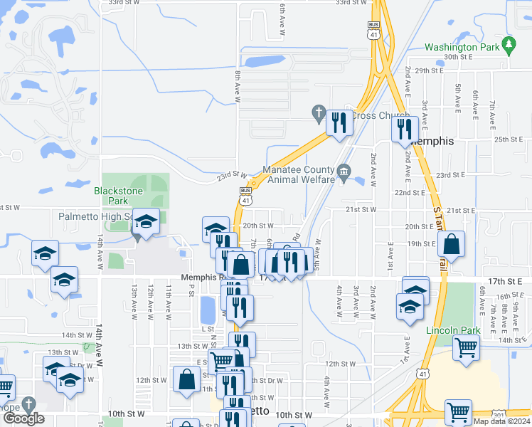 map of restaurants, bars, coffee shops, grocery stores, and more near 2019 6th Avenue West in Palmetto