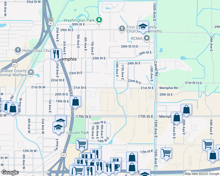 map of restaurants, bars, coffee shops, grocery stores, and more near 59 9th Avenue East in Palmetto