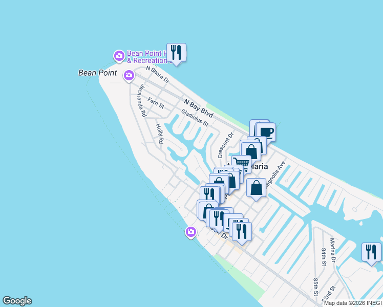 map of restaurants, bars, coffee shops, grocery stores, and more near 318 Iris Street in Anna Maria