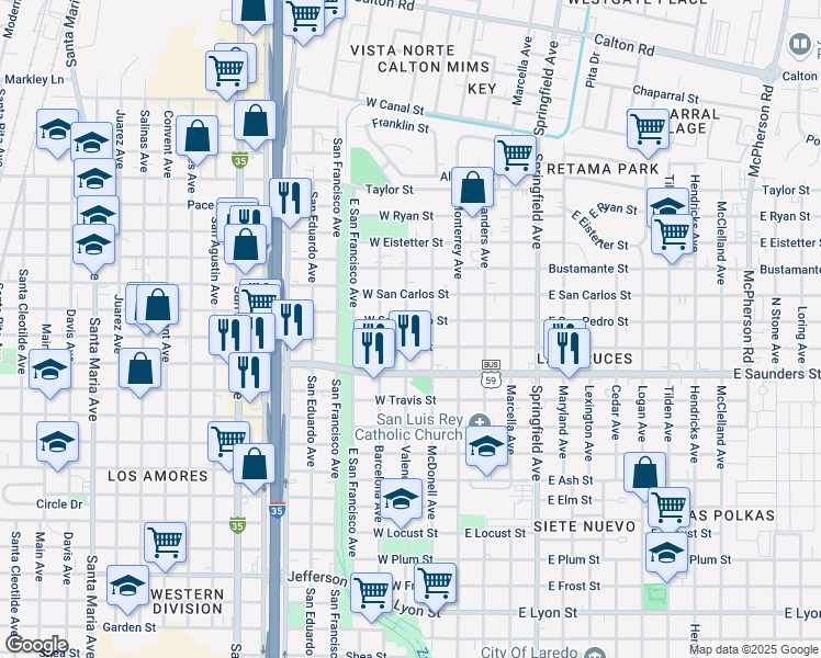 map of restaurants, bars, coffee shops, grocery stores, and more near 318 West San Pedro Street in Laredo