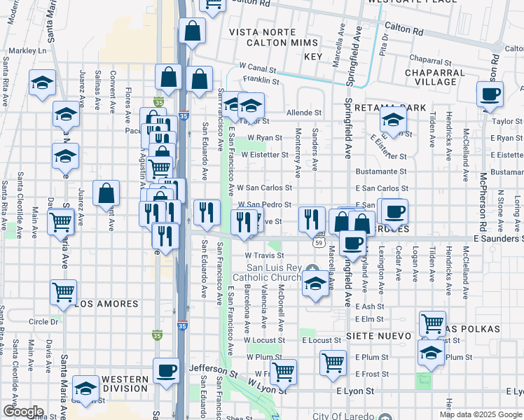 map of restaurants, bars, coffee shops, grocery stores, and more near 318 West San Pedro Street in Laredo
