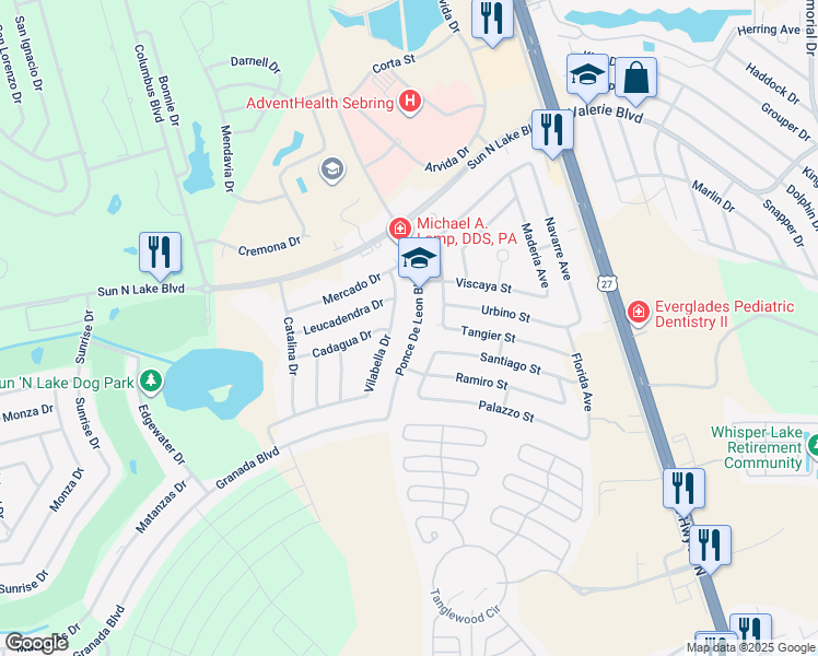 map of restaurants, bars, coffee shops, grocery stores, and more near 4009 Ponce De Leon Boulevard in Sebring