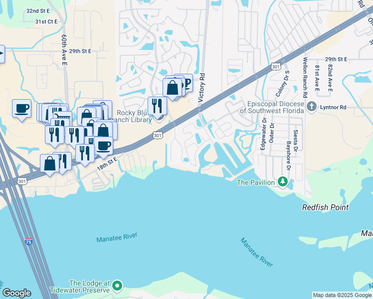 map of restaurants, bars, coffee shops, grocery stores, and more near 203 Emden Way in Ellenton
