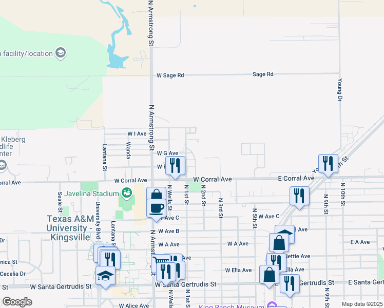 map of restaurants, bars, coffee shops, grocery stores, and more near 503 Mindy Street in Kingsville