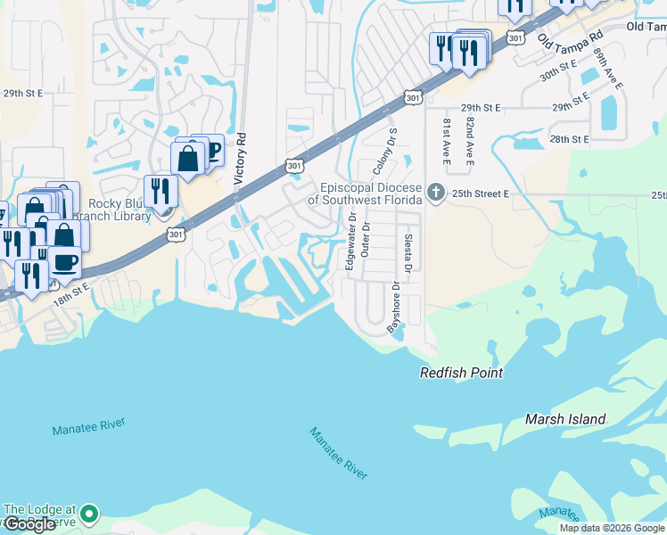 map of restaurants, bars, coffee shops, grocery stores, and more near 523 Edgewater Drive in Ellenton