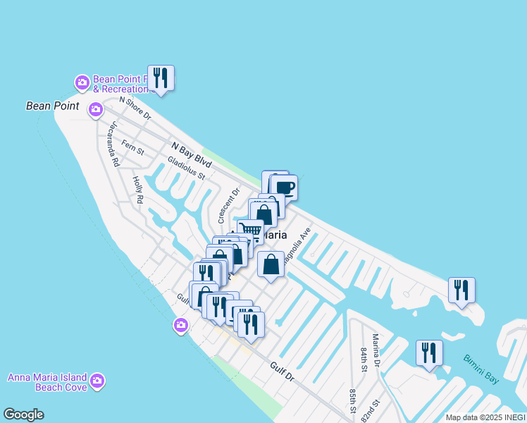 map of restaurants, bars, coffee shops, grocery stores, and more near 100 Bay Drive North in Bradenton Beach