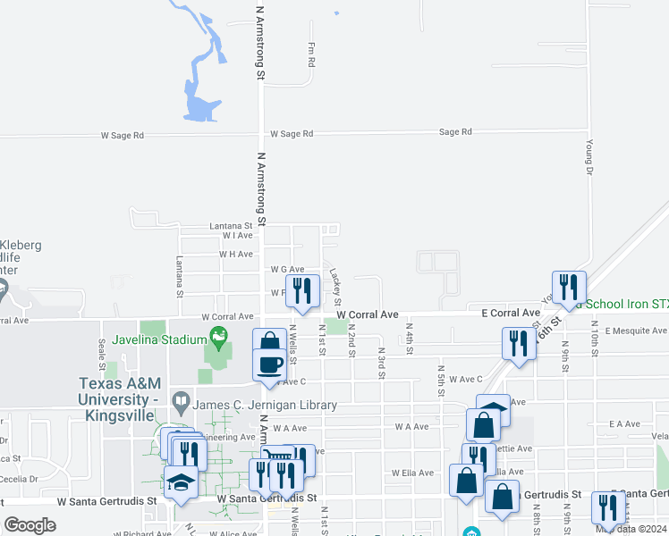 map of restaurants, bars, coffee shops, grocery stores, and more near 503 Mindy Street in Kingsville