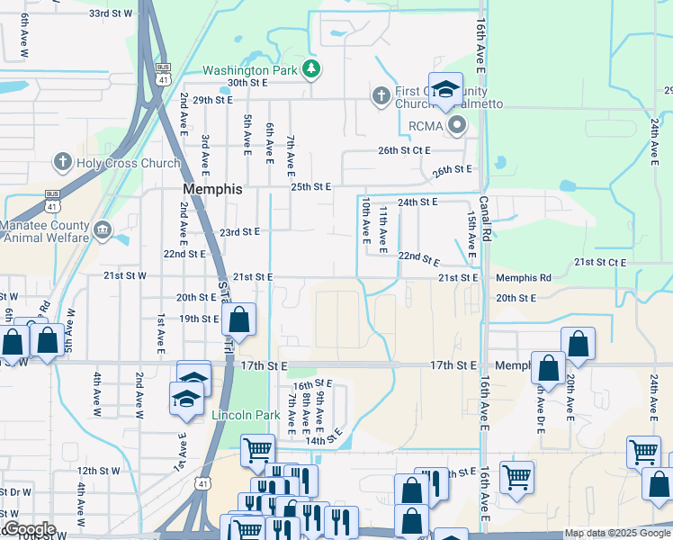 map of restaurants, bars, coffee shops, grocery stores, and more near 59 9th Avenue East in Palmetto