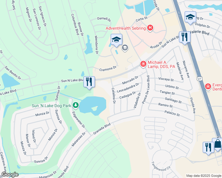 map of restaurants, bars, coffee shops, grocery stores, and more near 4018 Catalina Drive in Sebring