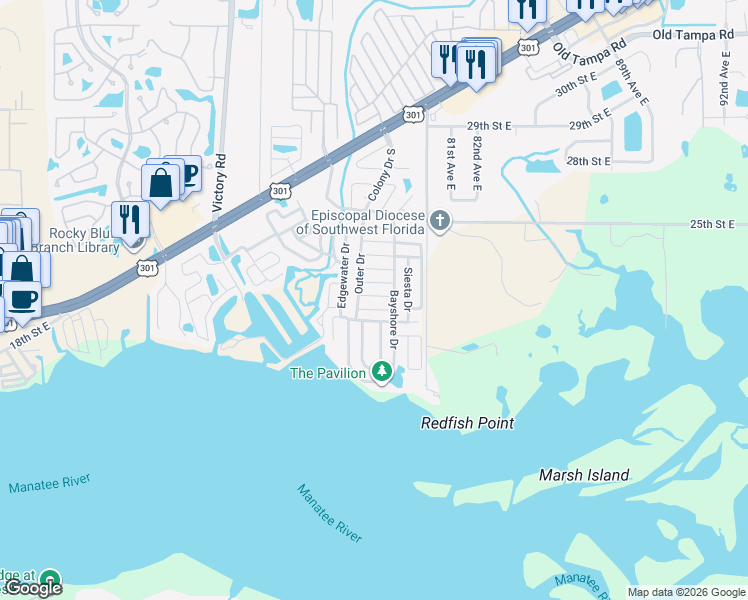 map of restaurants, bars, coffee shops, grocery stores, and more near 922 Siesta Drive in Ellenton