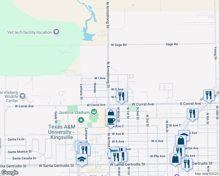 map of restaurants, bars, coffee shops, grocery stores, and more near 730 West G Avenue in Kingsville