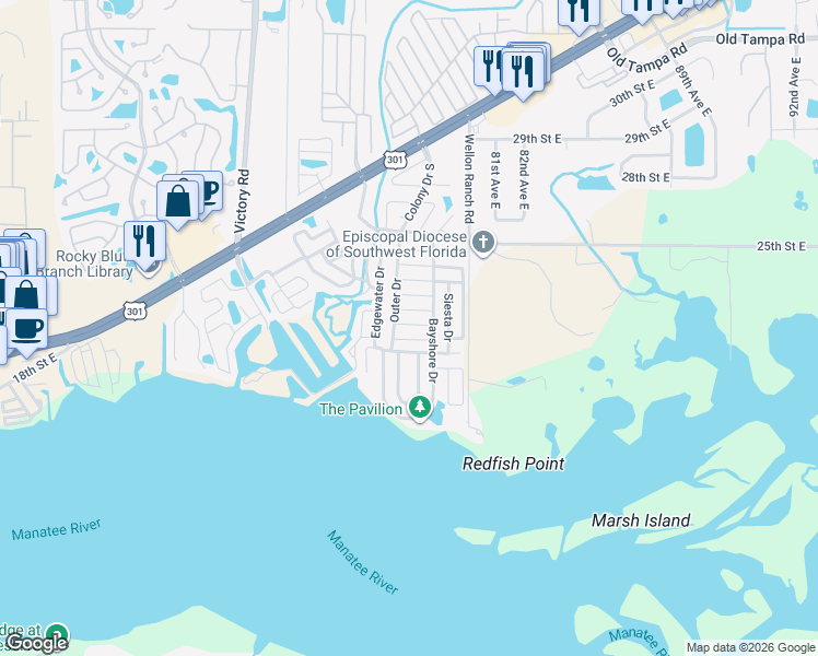map of restaurants, bars, coffee shops, grocery stores, and more near 495 Flamingo Lane in Ellenton