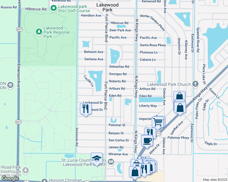 map of restaurants, bars, coffee shops, grocery stores, and more near 7601 Arthurs Road in Fort Pierce