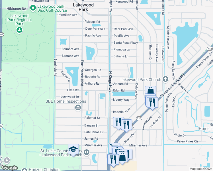 map of restaurants, bars, coffee shops, grocery stores, and more near 7301 Arthurs Road in Fort Pierce