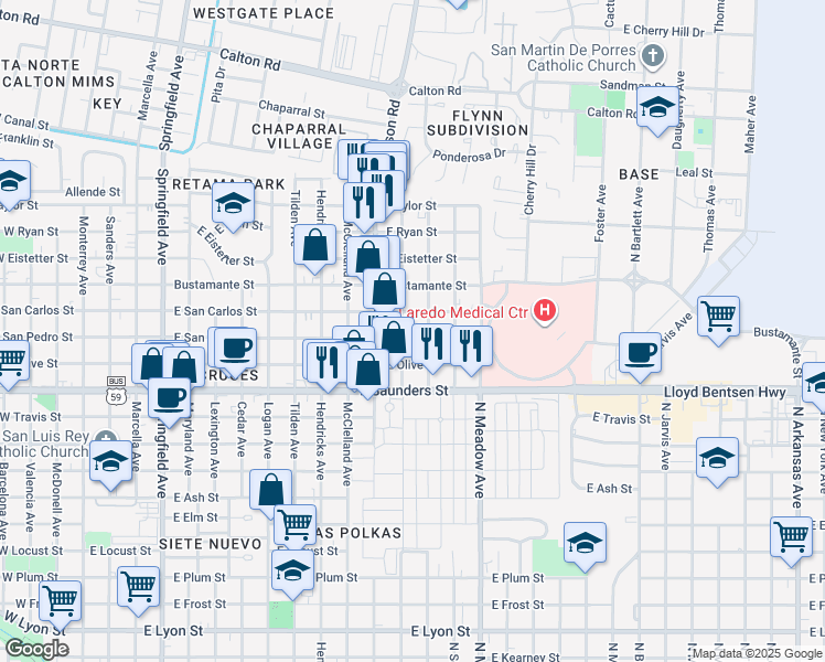 map of restaurants, bars, coffee shops, grocery stores, and more near 1304 East San Pedro Street in Laredo
