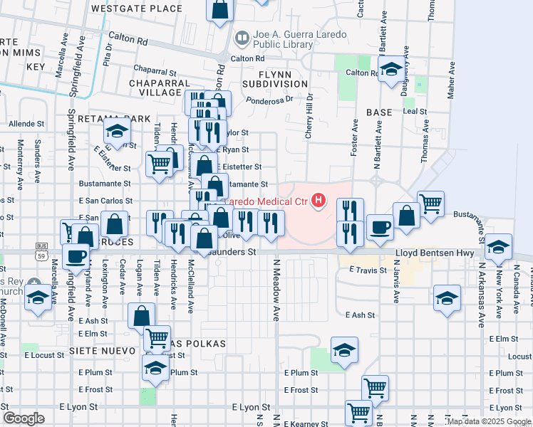 map of restaurants, bars, coffee shops, grocery stores, and more near 1502 East San Pedro Street in Laredo