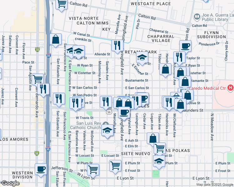 map of restaurants, bars, coffee shops, grocery stores, and more near 306 East San Pedro Street in Laredo