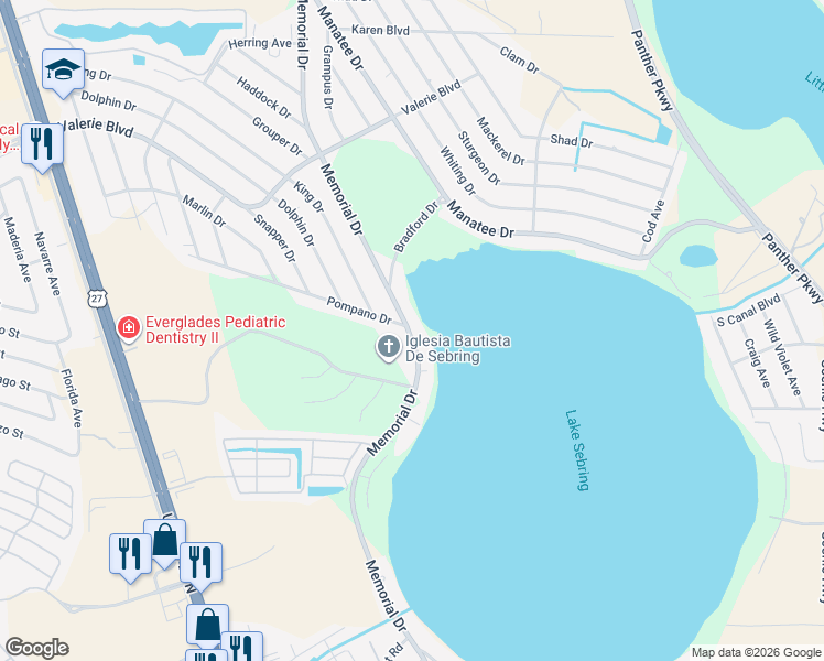 map of restaurants, bars, coffee shops, grocery stores, and more near 2607 Pompino Drive in Sebring