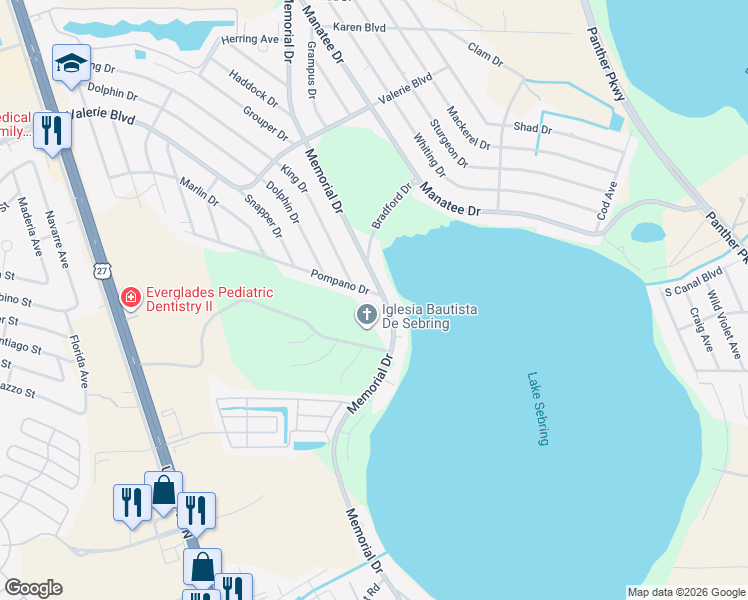 map of restaurants, bars, coffee shops, grocery stores, and more near 2607 Pompino Drive in Sebring